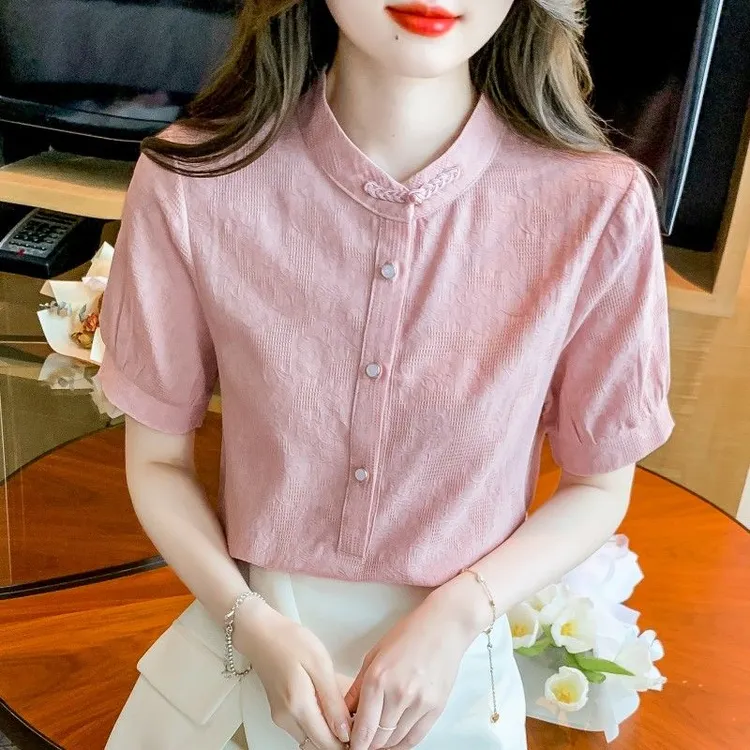 夏季2025新款女装立领衬衫女短袖复古国风提花套头薄款新中式上衣