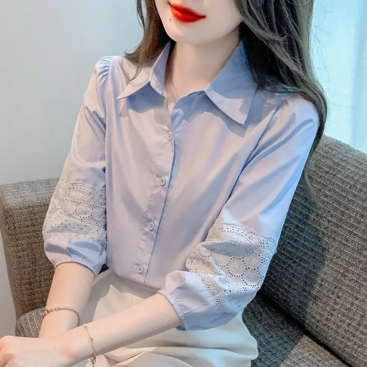 2025年春夏季新款女装泡泡袖全棉衬衫女宽松遮肚子七分袖上衣洋气