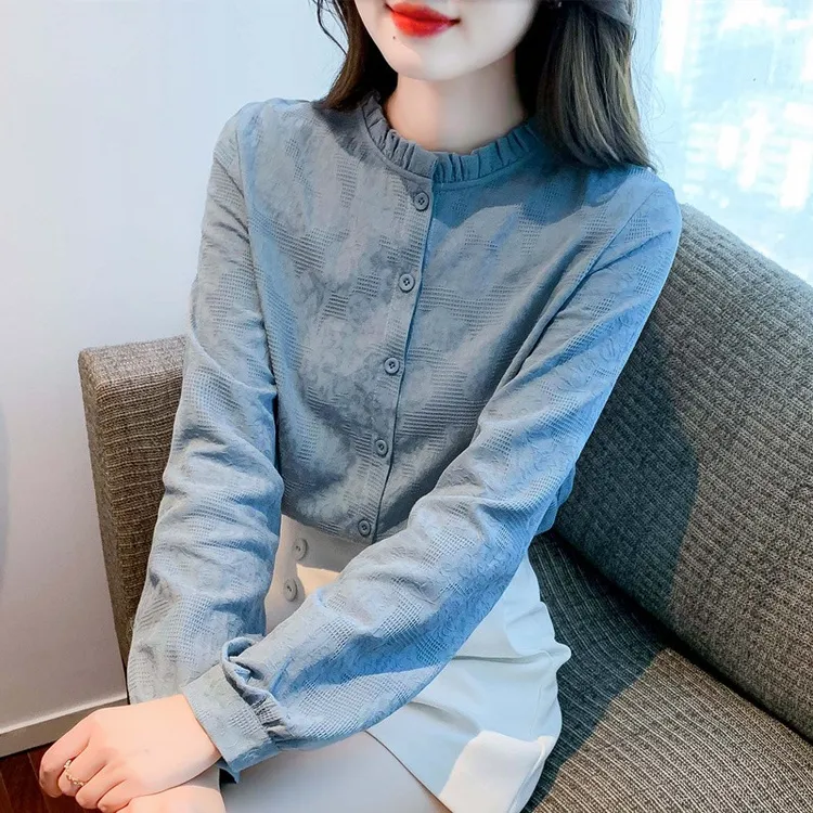 春秋装2025年新款时尚减龄提花纯棉衬衫女洋气全棉木耳领上衣长袖