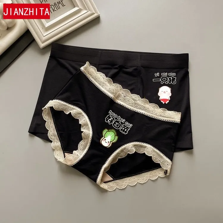 纯欲风~情侣内裤可爱夫妻同款棉裤衩短裤蕾丝性感黑色卡通中腰潮