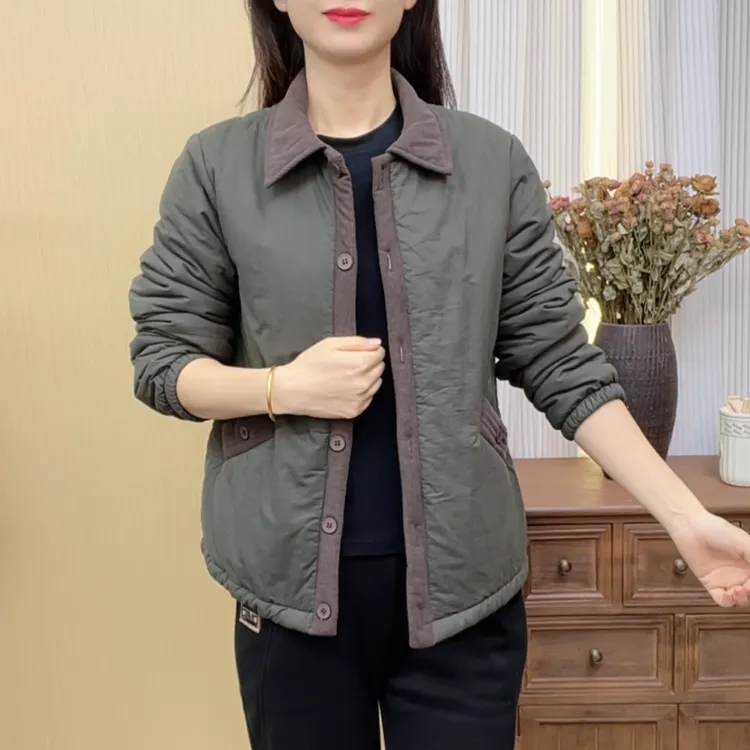 新款加绒拼色棉衣洋气百搭妈妈装气质女上衣外套