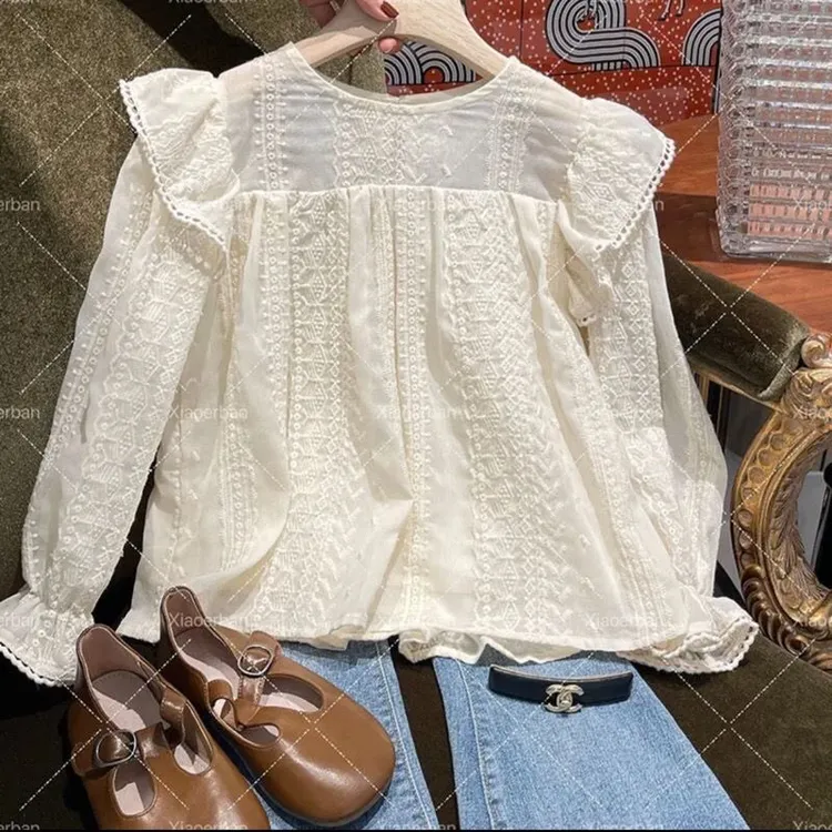 中大童蕾丝打底衫2024新款春秋装女童飞袖衬衫百搭洋气春季衣服潮