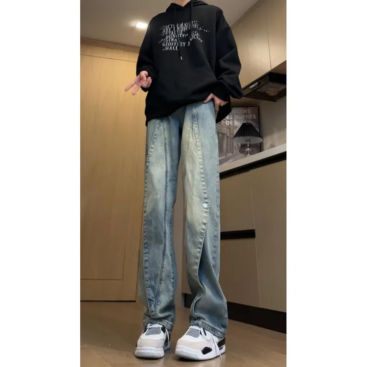 黑灰色微喇牛仔裤男款拼接水洗vintage秋季裤子直筒长裤蓝色