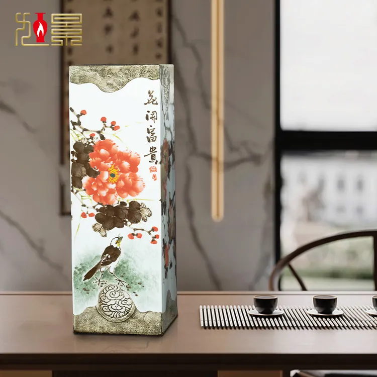 景德镇陶瓷花瓶手绘画缸卷轴缸书房字画收纳筒四方镶器装饰品摆件