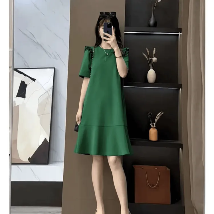 欧货鱼尾裙子2024新款夏季大码微胖显瘦遮肉中长款洋气短袖连衣裙