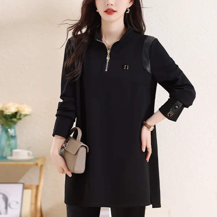 韩版立领拼接上衣女中长款2024春秋装黑色冷淡风大码时尚宽松T恤