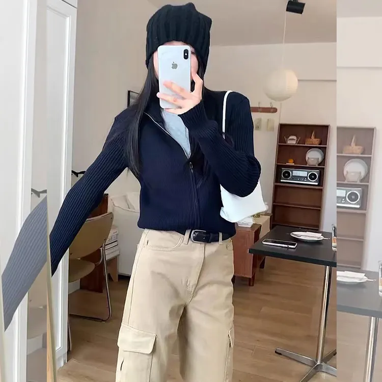宽松显瘦百搭休闲开衫外套秋季新款藏蓝色气质减龄拉链毛衣针织衫