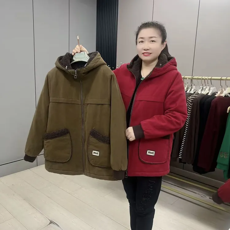 3686秋冬新款大码连帽拼接撞色加绒休闲百搭外套