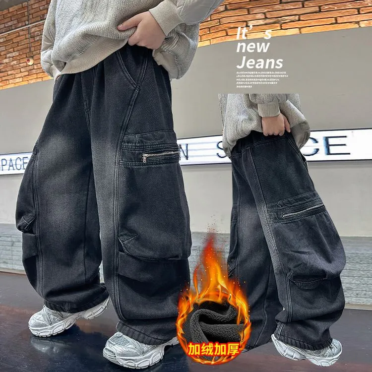 男童裤子加绒牛仔裤一体绒秋冬款2024新款儿童男孩冬季加厚工装裤
