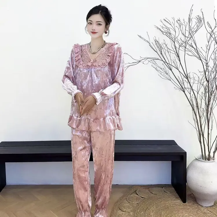 网红爆款睡衣秋冬季金丝绒甜美新中式家居服套装国风两件套