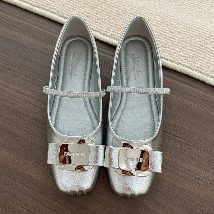 elingstudio 银色玛丽珍鞋！方头浅口单鞋女春季软皮玛丽珍平底鞋
