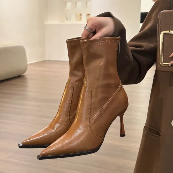 elingstudio 棕色尖头拼接高跟短靴女2025年细跟春秋单靴