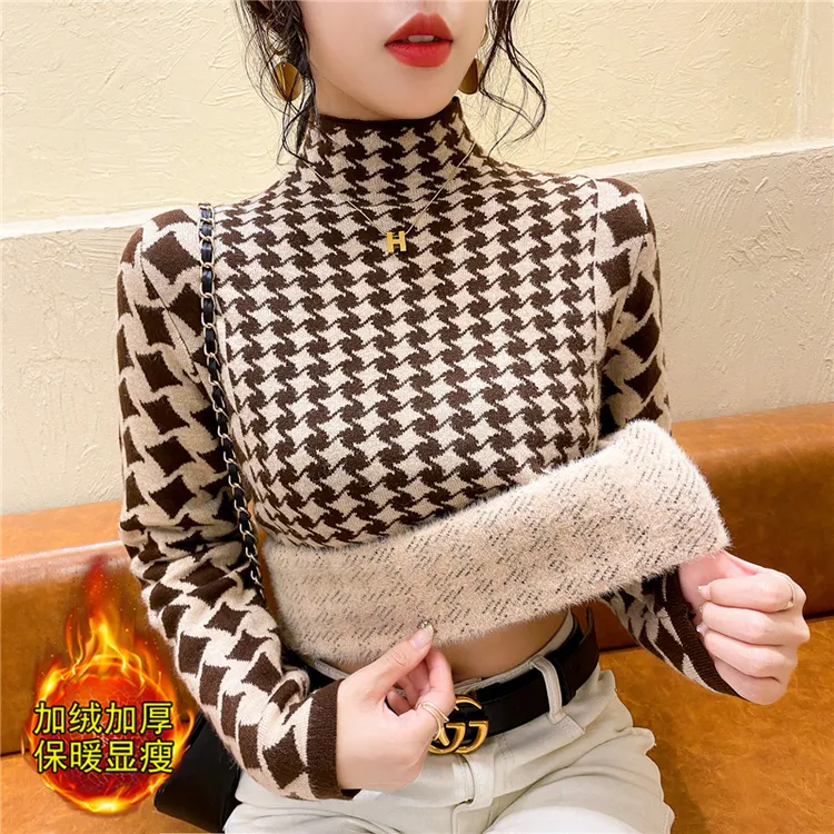 冬季2025年新款一体绒毛衣女千鸟格半高领加绒加厚打底衫女内搭潮