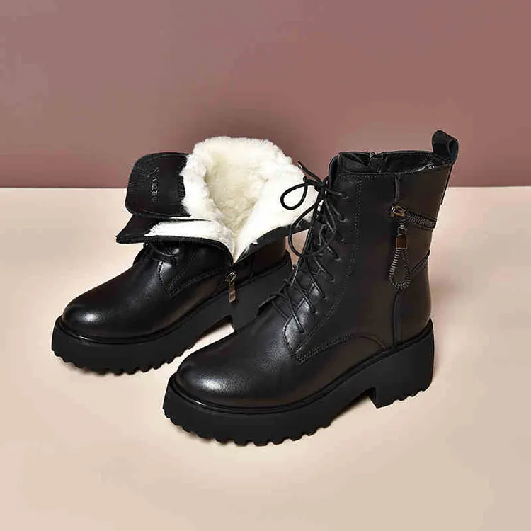 厚底系带厚绒毛马丁靴女软皮2025秋冬新款加绒松糕底英伦风短靴