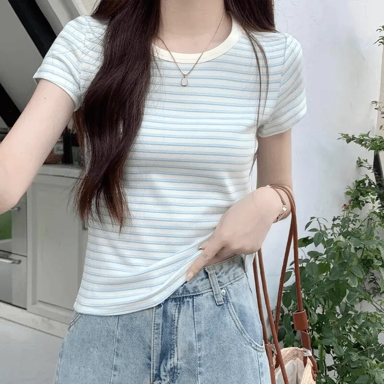 美式条纹短袖T恤女夏季辣妹修身显瘦bm打底衫正肩短款设计感上衣