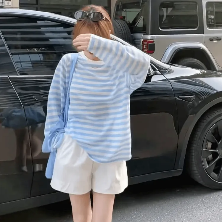 撞色条纹薄纱防晒衣罩衫女夏季2025新款休闲宽松薄款长袖t恤上衣