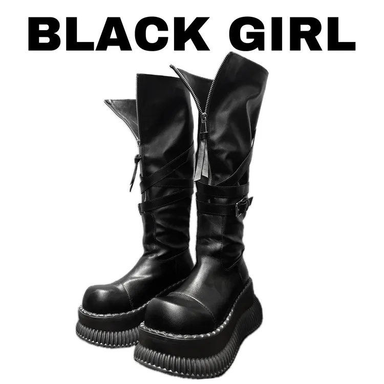 Blackgirl新款【毁灭者】原创设计骑士风长筒靴两穿显瘦长靴厚底鞋