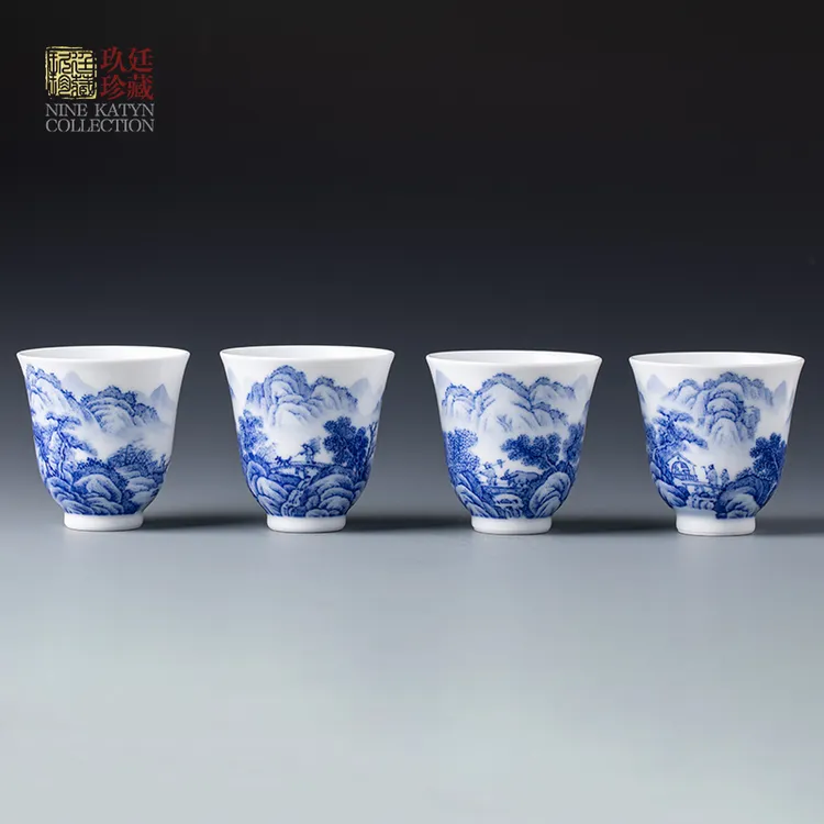 景德镇陶瓷茶杯纯手绘青花瓷山水渔樵耕读主人杯单杯品茗杯闻香杯