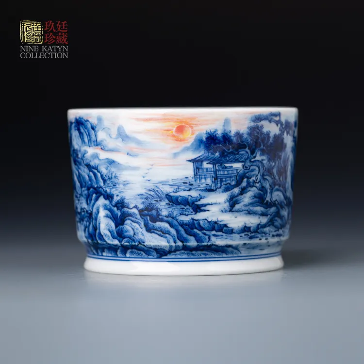 文凤窑陶瓷茶杯手工青花山水高档初日照高林主人杯单杯