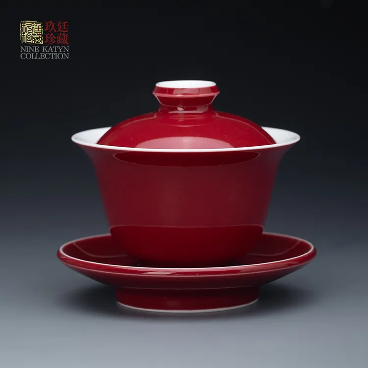 景德镇纯手工功夫陶瓷茶具器具原矿霁红三才盖碗茶杯泡茶碗不烫手