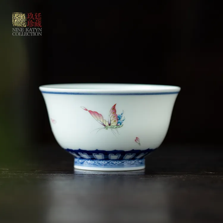 景德镇纯手工陶瓷茶杯珐琅彩手绘蝴蝶杯主人杯品茗杯功夫茶具套装