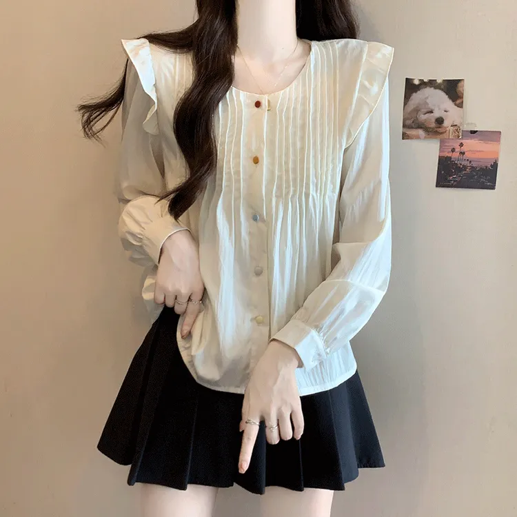 大码女装2024秋季新款小众压褶设计感彩扣开衫女胖MM显瘦减龄上衣