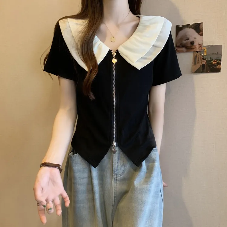 大码女装法式小众设计感上衣女夏胖妹妹显瘦遮肚燕尾t恤衫娃娃领