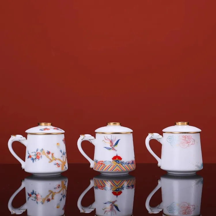 德化冰种白瓷办公带过滤茶杯家用轻奢珍珠鱼素烧马克杯大容量礼盒