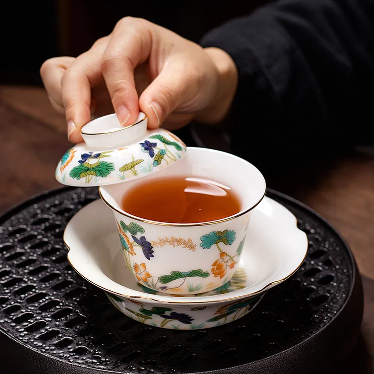 德化羊脂玉瓷功夫茶具家用会客泡茶盖碗茶杯高档轻奢礼盒描金陶瓷
