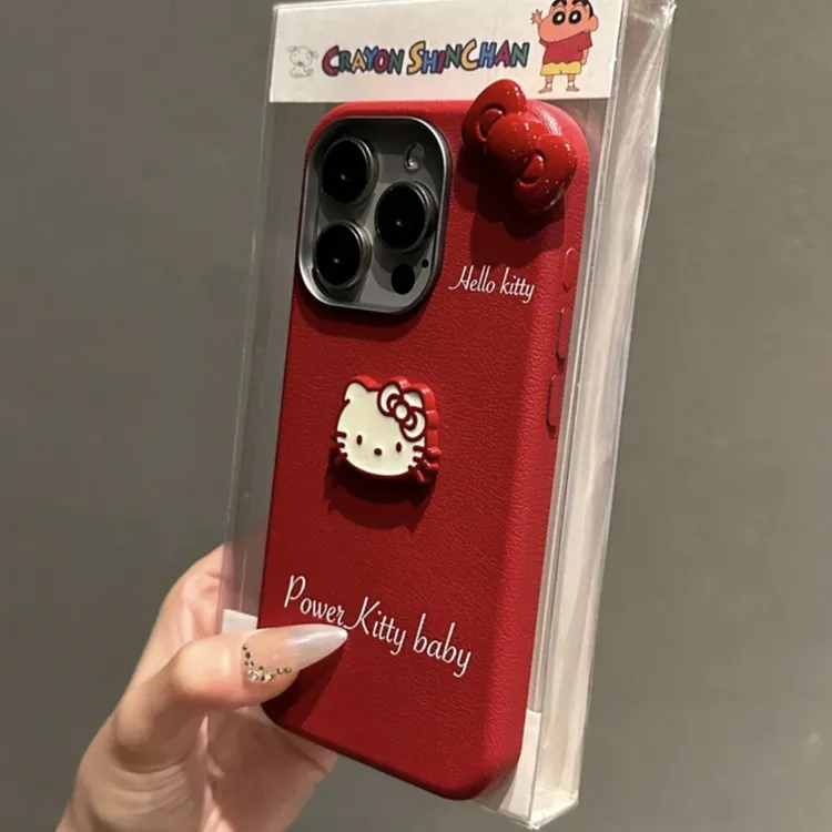 奥菲顿蝴蝶结立体kt猫适用iPhone16/15pro荔枝纹金属框手机壳13套