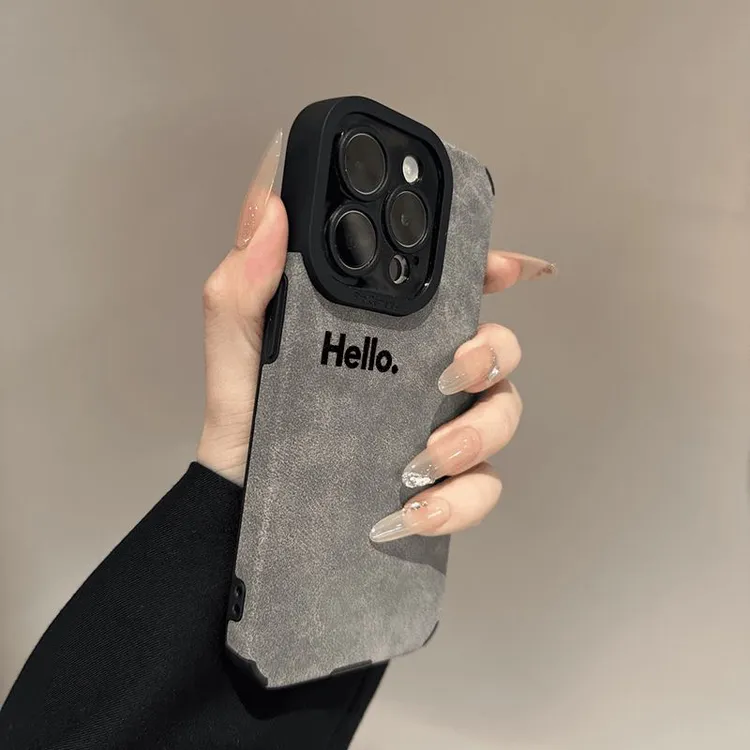奥菲顿简约英文hello适用iPhone16/15苹果手机壳14瞳眼翻毛皮13套