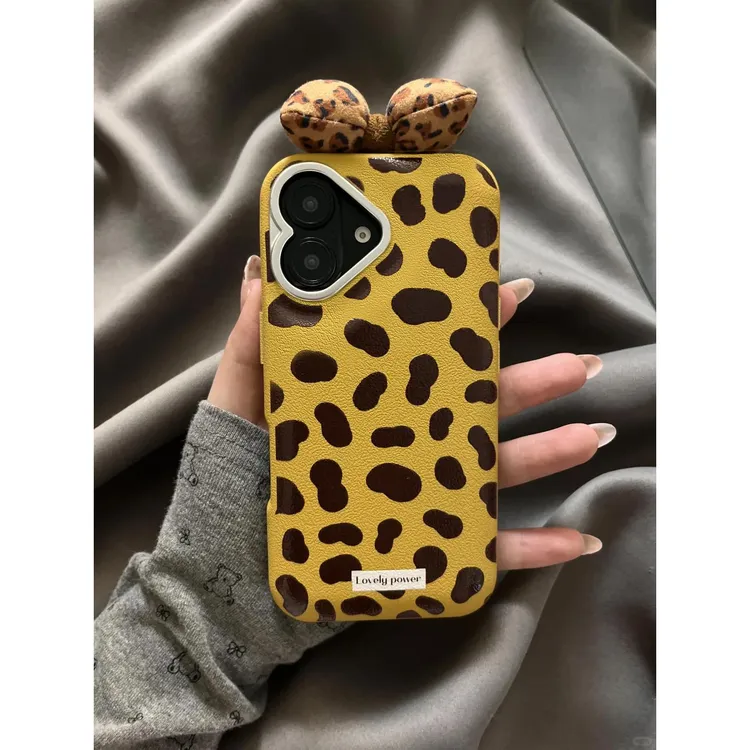 Lucky英文标签豹纹适用iPhone16/15pro荔枝纹14金属框手机壳13套