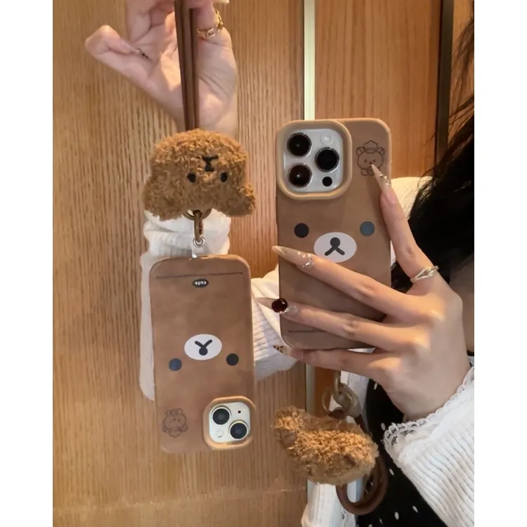 奥菲顿可爱小熊公仔挂绳适用iPhone16/15pro大孔贴皮13手机壳12套