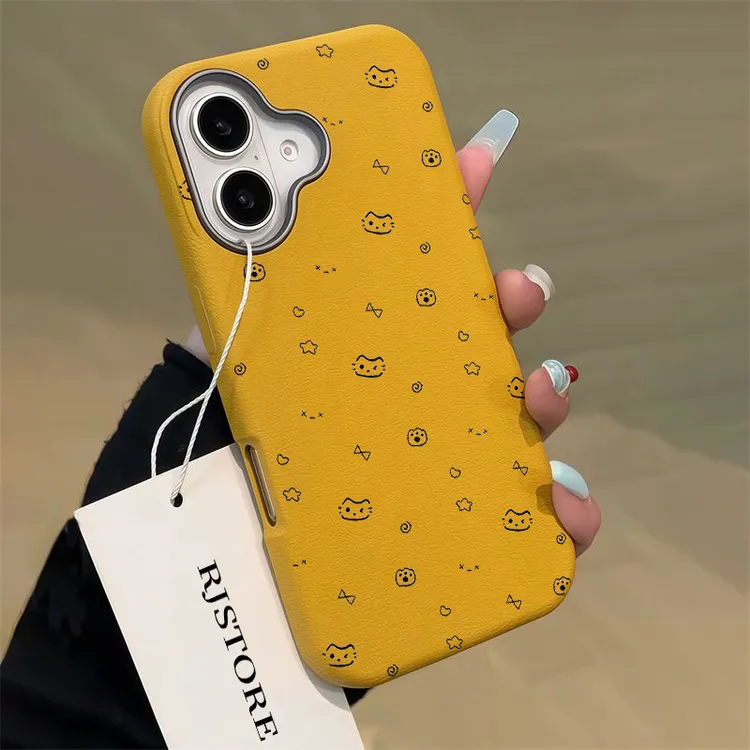 奥菲顿涂鸦小星星猫咪适用iPhone16/15荔枝纹14金属框手机壳13套