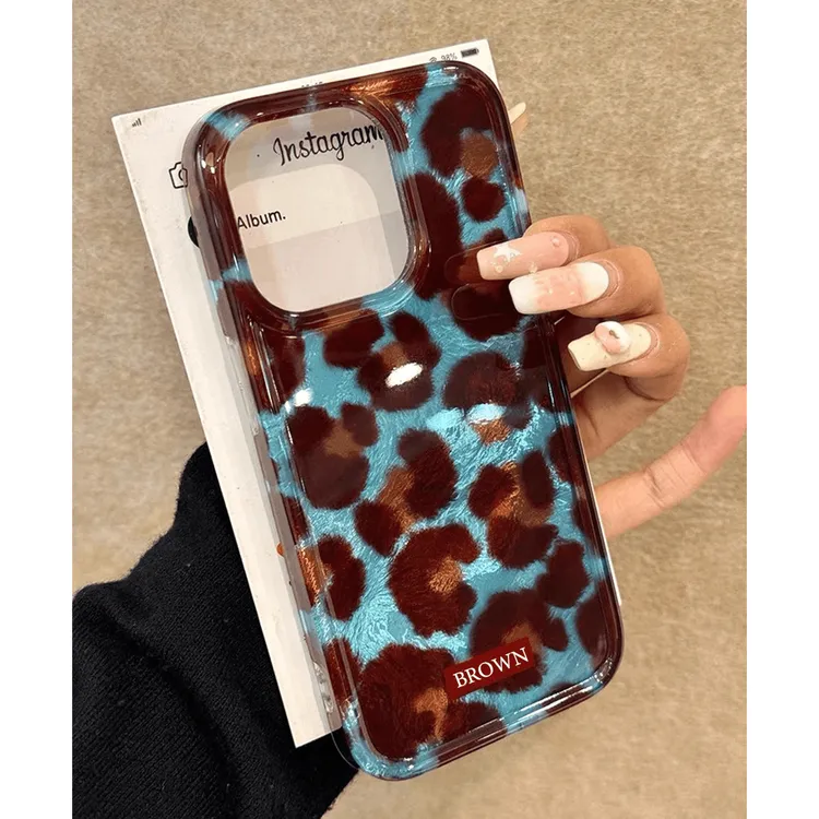 奥菲顿蓝底豹纹适用iPhone15冰川手机壳14苹果华为vivo小米oppo套