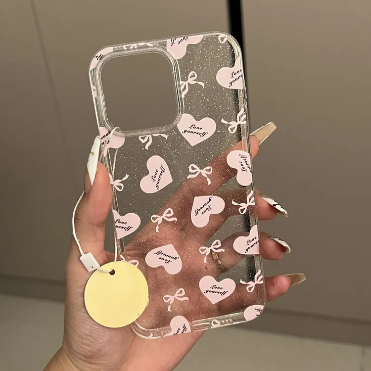 奥菲顿英文爱心蝴蝶结适用iPhone16/15透明闪粉14手机壳苹果12套