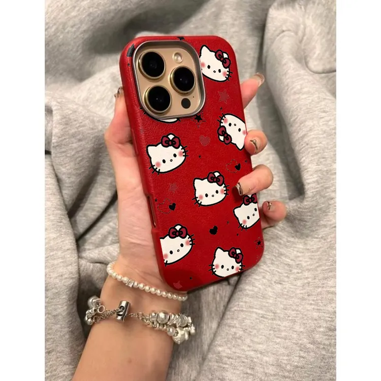 奥菲顿满屏爱心凯蒂适用iPhone16/15/14荔枝纹12金属框手机壳13套