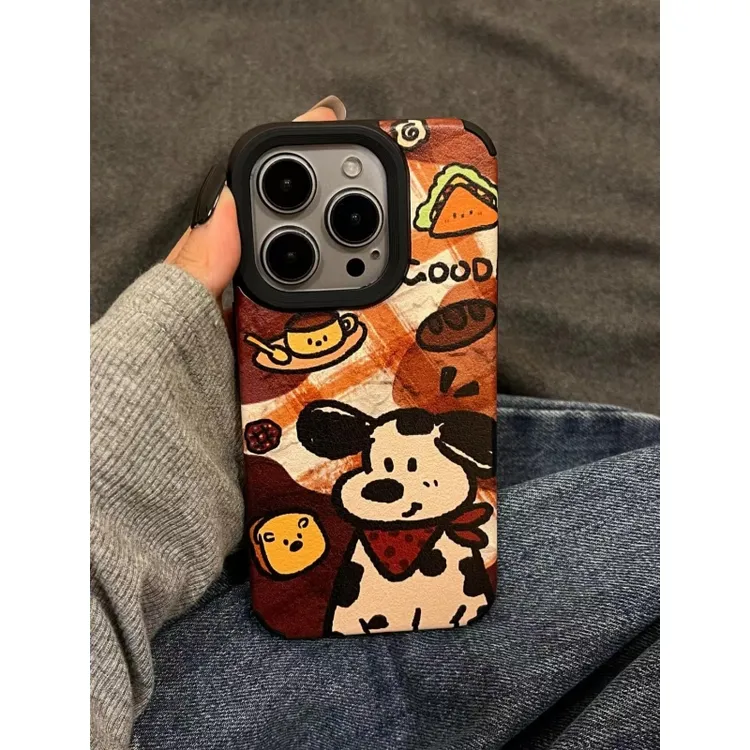 SMBLCE格纹面包小狗适用iPhone16/15pro大孔翻毛皮苹果手机壳12套