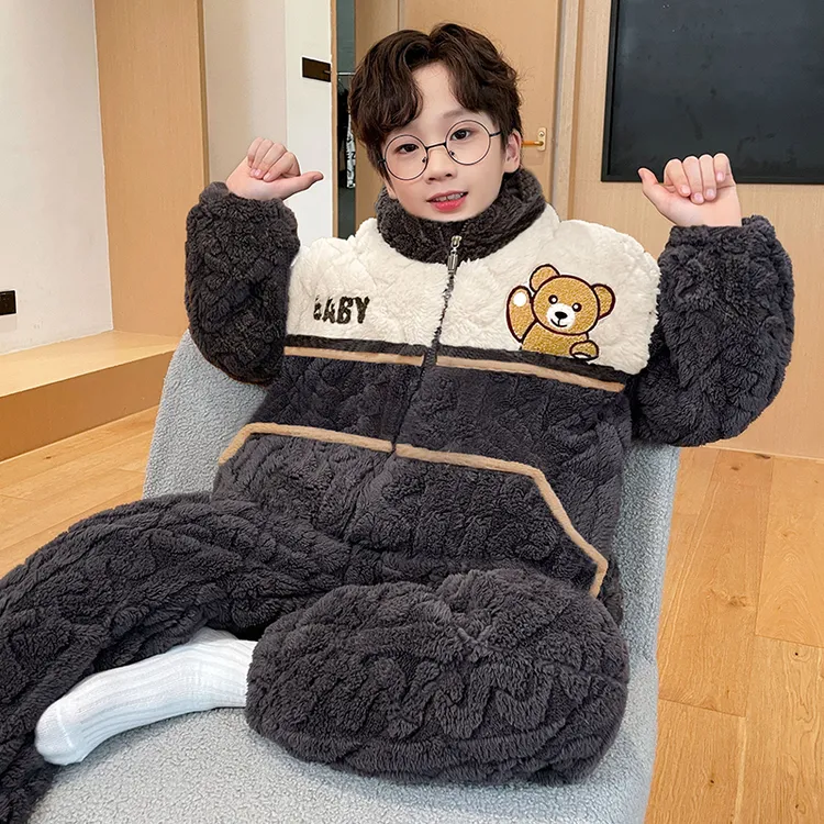 儿童睡衣男童冬季法兰绒三层夹棉大童加绒加厚珊瑚绒小男孩家居服