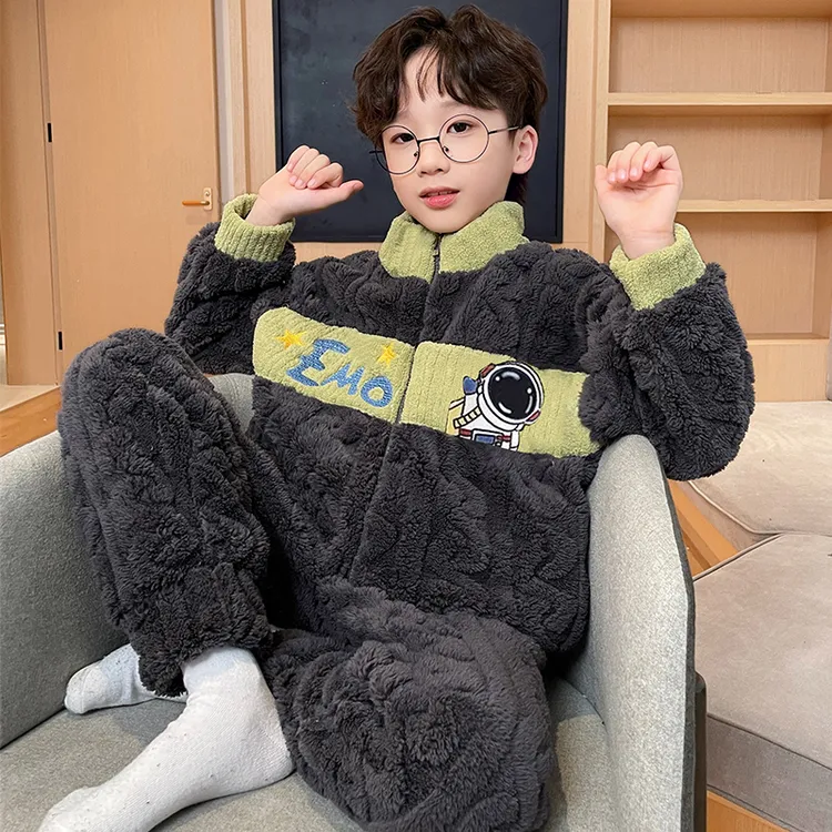 冬季男童睡衣新款法兰绒儿童珊瑚绒加绒加厚小男孩亲子家居服套装