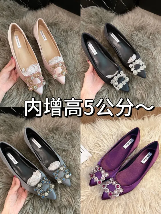 【内增高5cm】新款雪花钻方扣尖头爆款法式浅口单鞋婚鞋气质通勤鞋