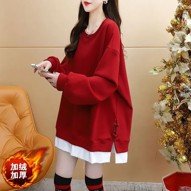 2024冬新款大码女装加绒300斤大码圆领卫衣红色中国风假两件上衣