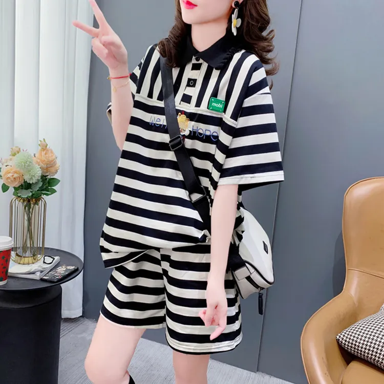 纯棉休闲Polo领条纹短袖上衣短裤套装宽松夏季百搭大码运动两件套