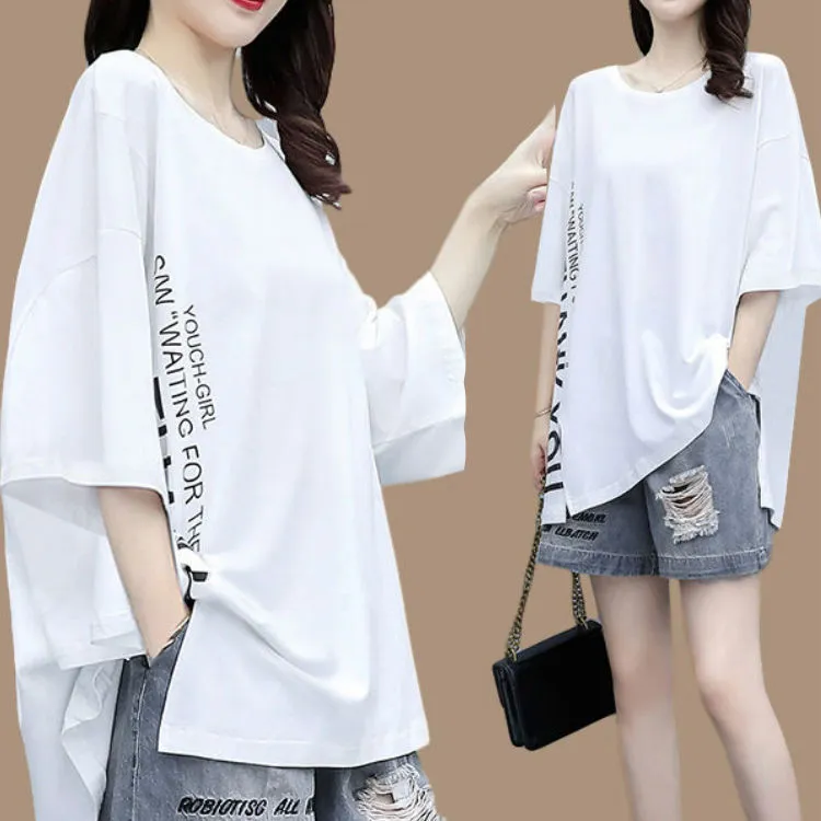 纯棉2024夏季新款设计感不规则圆领洋气百搭短袖T恤女士半袖上衣