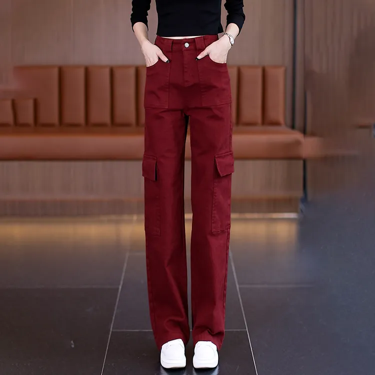 酒红色美式工装裤女2025秋季新款爆款高腰显瘦宽松时尚百搭阔腿裤