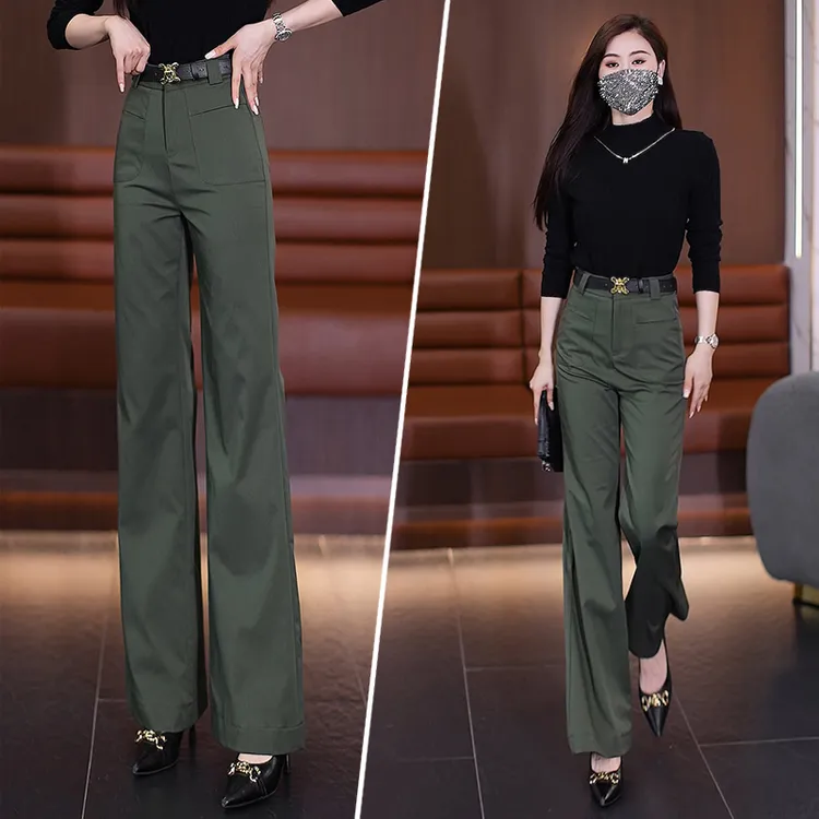 军绿色直筒微喇叭裤女秋季2024新款高腰显瘦春秋爆款百搭休闲裤子