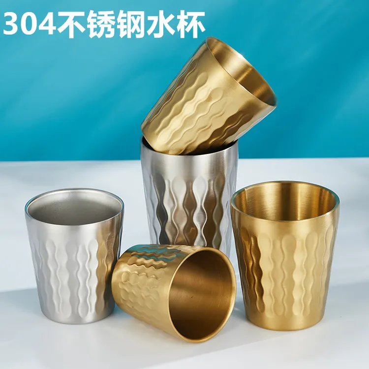 韩式304不锈钢双层水杯餐厅啤酒杯茶杯饮料杯饭店餐饮防摔杯子