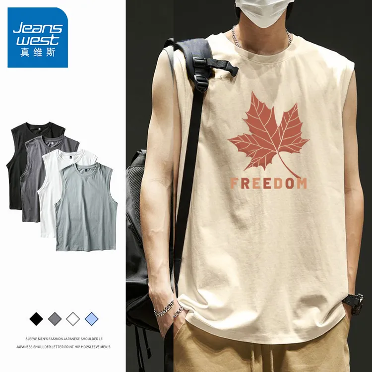 真维斯美式无袖T恤男夏季宽松纯棉枫叶运动背心外穿篮球上衣坎肩