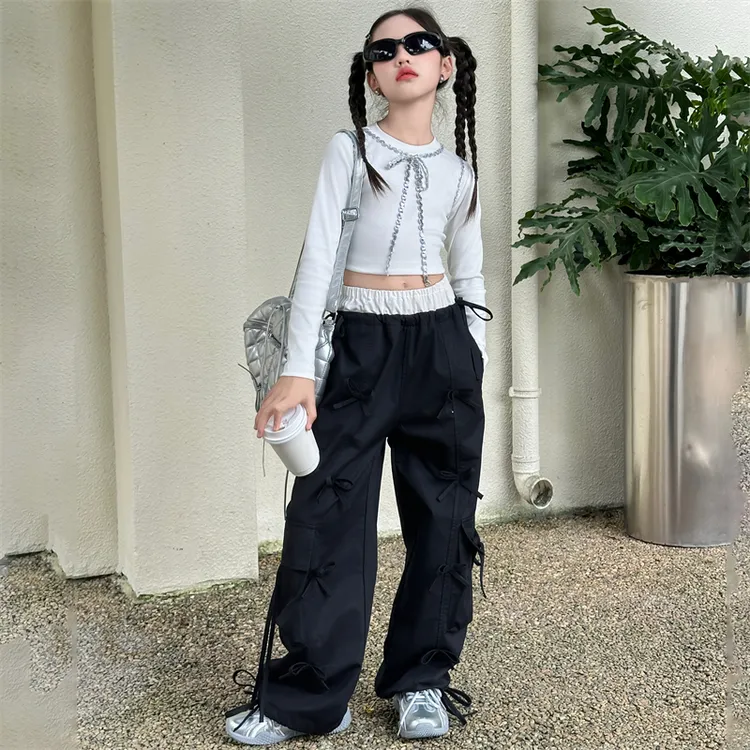 女童爵士舞服装潮酷时髦露脐走秀套装秋季儿童打底衫工装裤两件套
