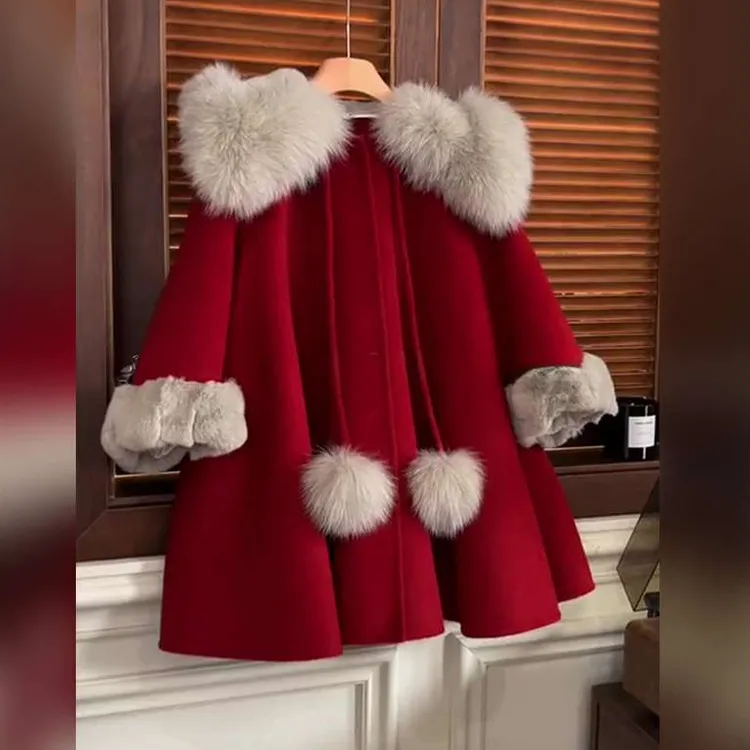 女童呢大衣外套冬装新款洋气小女孩儿童新年装服饰加绒红色拜年服